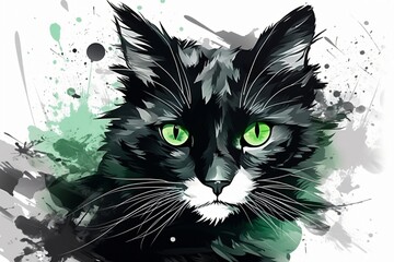 Green emerald color painting of a cat