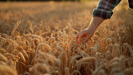 Unknown farmer touching wheat ear with palm of the hand - obrazy, fototapety, plakaty