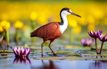 Naklejka premium Colorful African wader with long toes next to violet water lily in water.