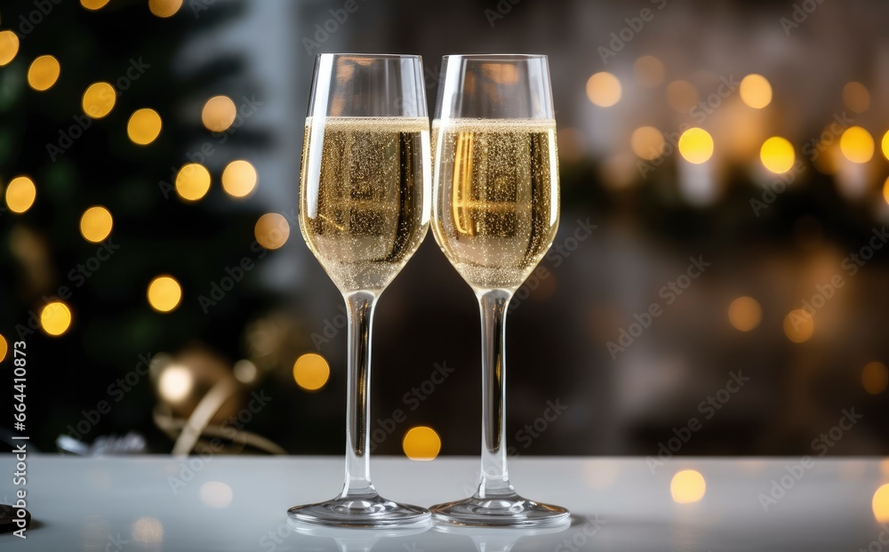 Wall mural glasses with champagne on the background of christmas decorations.