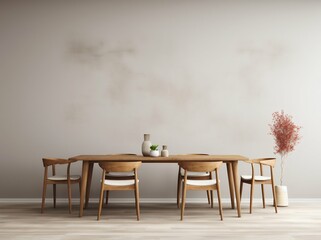 Fototapeta premium Minimalist Dining Space: Wooden Table, Chairs, and Soft Daylight Ambiance. Generative ai