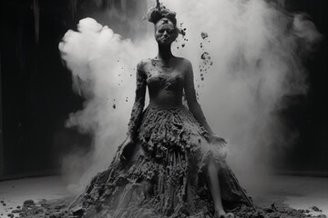 A woman statue made up of ashes and charcoal to illustrate defeat and oppression - obrazy, fototapety, plakaty