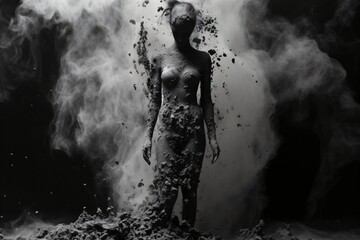 Obraz premium A woman statue made up of ashes and charcoal to illustrate defeat and oppression