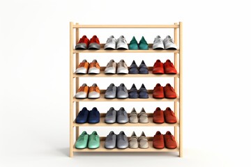 A wooden shoe shelf or shoe rack