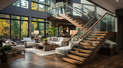 sleek and modern staircase with glass railings