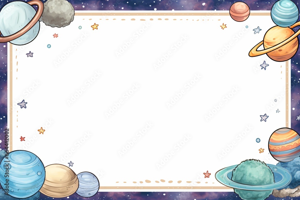 Wall mural space and cosmology theme greeting card design with frame and borders