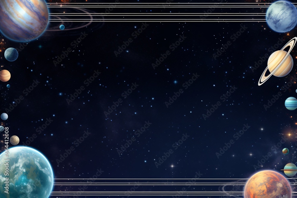 Wall mural starry background card design with space and solar system themes frame and border