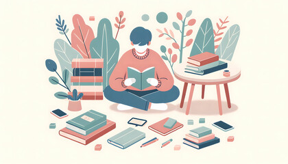 man reading and studying surrounded by whimsical books in soft pastel-colored design.Generative AI.