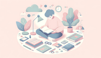 man reading and studying surrounded by whimsical books in soft pastel-colored design.Generative AI.