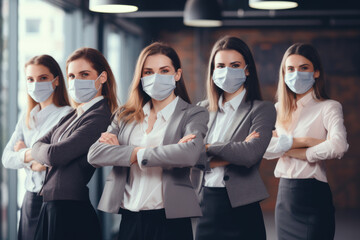group of women coworkers in face masks posing with hands crossed in office space. social poster or banner concept during coronavirus pandemic