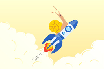 Slow snail flying fast with rocket booster metaphor of accelerate working process, accelerate business, increase agility and efficiency, sprint or fast, innovation to increase work speed (Vector)