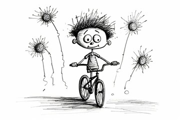 Creative and ugly doodle of a boy riding a bicycle - obrazy, fototapety, plakaty