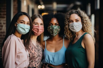 group of diverse women in face masks posing on blurred background