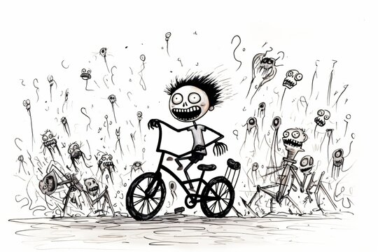 Creative and ugly doodle of a boy riding a bicycle