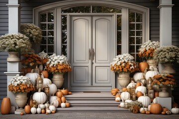 Beautiful home details - door with autumn decoration with pumpkins, wheat and flowers. Halloween...