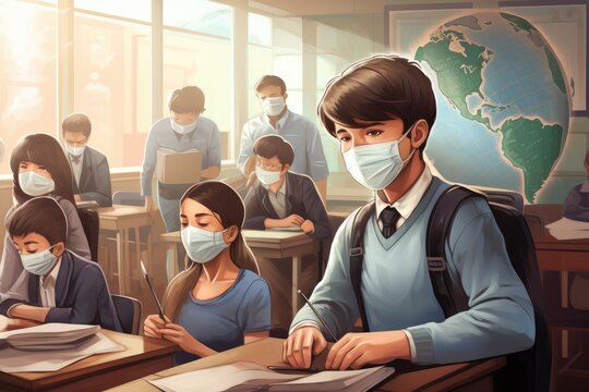 students in protective masks sit in the classroom during lessons, the concept of studying during the coronavirus pandemic