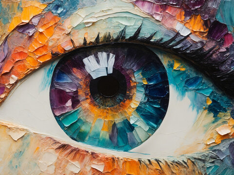 “Fluorite” - oil painting. Conceptual abstract picture of the eye. Oil painting in colorful colors. Conceptual abstract closeup of an oil painting and palette knife on canvas. © MdAlaminRahman