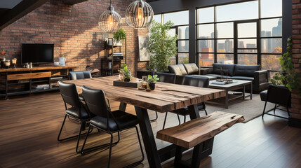 Urban loft dining room with a reclaimed wood