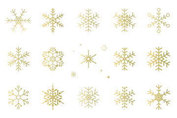 ゴールドのグラデーションの雪の結晶のイラストセット　ベクター素材　snow crystal　snowflake