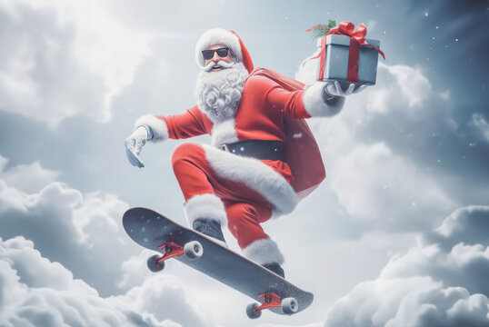 Santa Claus skateboarding with gift box on cloud sky background. Christmas and New Year concept.