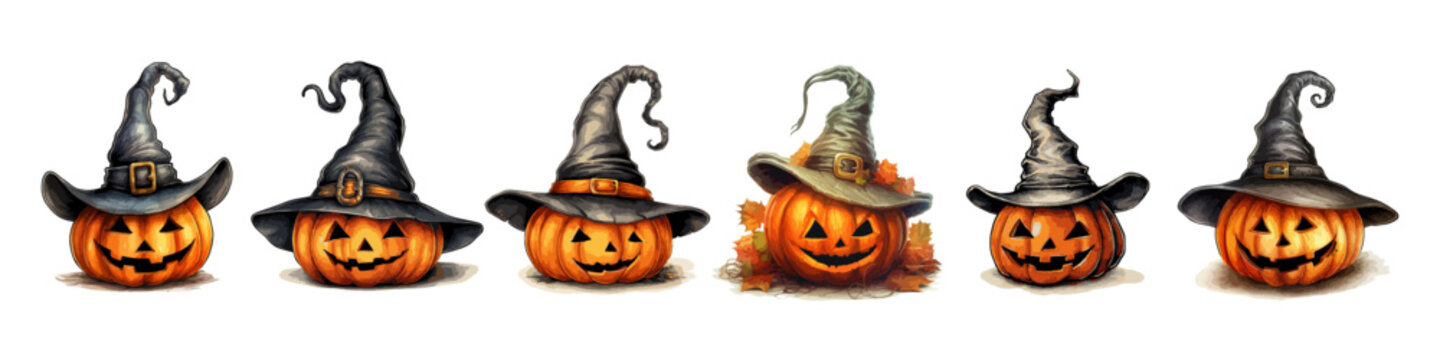 Halloween pumpkins with witch hats. Scary pumpkin lanterns with evil smile set. Cartoon Jack-O-lantern. Vector illustration isolated on white. Transparent png