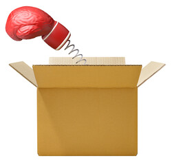 Think outside the box, illustrated by boxing glove with brain-like texture springs out of box on transparent background