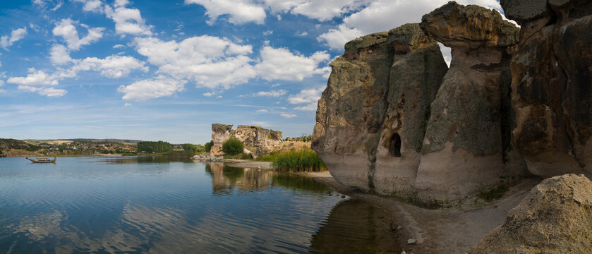 Phrygian valley. Forty Stairs Rock and Phrygian rock chambers by Lake Emre. Travel destinations in Turkey. Ihsaniye district, Afyonkarahisar