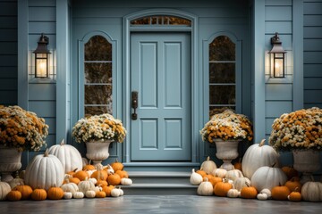 luxurious home details - door with autumn decoration with pumpkins, wheat and flowers. Halloween and autumn arrangements on house entrance and exterior.