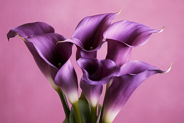 Bouquet of purple calla lilies against purple background. - obrazy, fototapety, plakaty