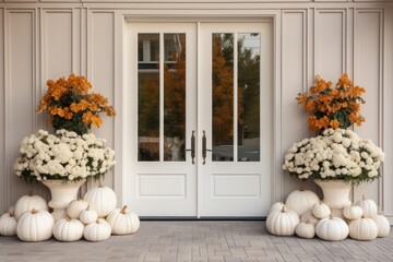 luxurious home details - door with autumn decoration with pumpkins, wheat and flowers. Halloween and autumn arrangements on house entrance and exterior. - obrazy, fototapety, plakaty