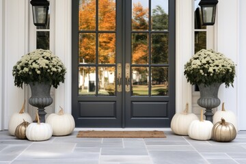 luxurious home details - door with autumn decoration with pumpkins, wheat and flowers. Halloween...