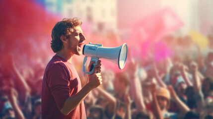 A protester speaking through a megaphone to address a large crowd - obrazy, fototapety, plakaty