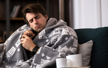 sick man wrapped in blanket suffer from flu and cold symptoms. male sitting on sofa in living room on quarantine