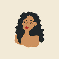 Portrait of a woman. Young girl with curly wavy hair, hairstyle. Modern cheerful beautiful pretty woman with curls. Flat vector illustration.