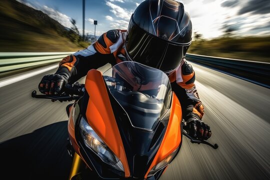 View of the Driver of a fast racing motorcycle.