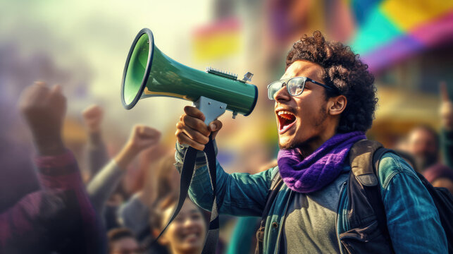 A disabled activist using a communication device to address the crowd