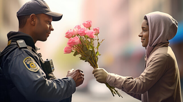 A protester offering flowers to a police officer during a peaceful demonstration