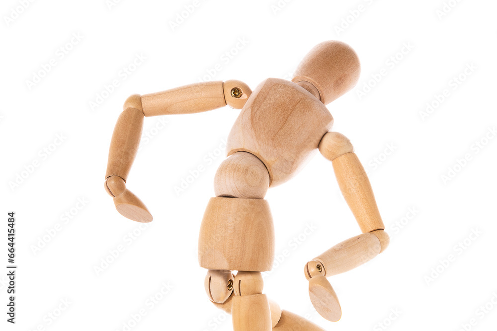 Poster A wooden mannequin standing on a white surface. Can be used for artistic projects or as a reference for drawing or painting.