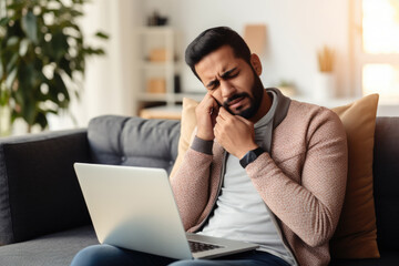 indian man feels a cold or flu symptom while rometely working on laptop at home.