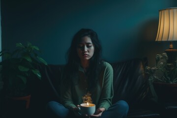 young asian woman meditating with candle in hands in dark living room background