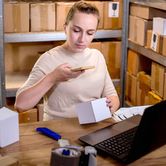 Female small business owner using mobile app on smartphone checking parcel box. Warehouse worker,...