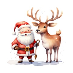 Cute Santa Claus standing with reindeer.