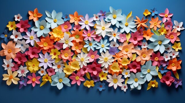 Flowers forming the word "SPRING" on a vivid background. springtime idea. Lay flat