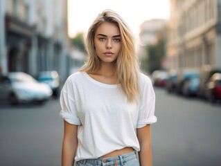 Portrait of beautiful cute blond teenager model in summer hipster clothes posing on the street