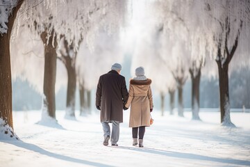 couple grandparent walking in winter park	
