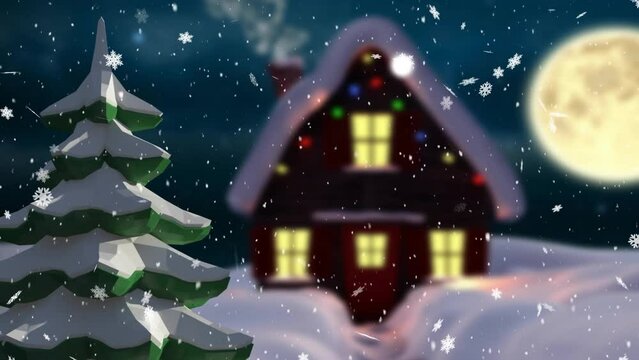 Animation of christmas tree and house over snow falling background