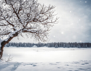 Winter landscape of a barren tree with snow covered branches. Peaceful and serene mood. 
