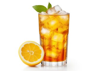 Fototapeta premium A glass of orange soda water with ice cubes on white background.