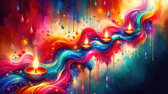 Diwali's glowing diyas. Watercolor design evoking vibrant colors cascading seamlessly.