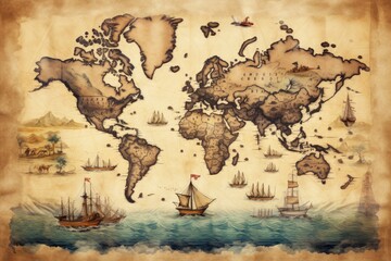 Great detailed illustration of the world map in vintage style. - obrazy, fototapety, plakaty